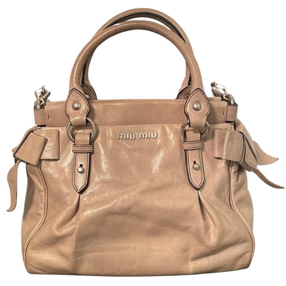 Authentic MIU MIU Bag Vitello Lux Bow Top Handle Crossbody Cream Calfskin